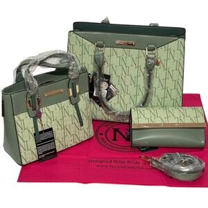 NWT Nicole Lee Sage Green Monogram 3 Piece Set Shopping Tote Purse and Clutch